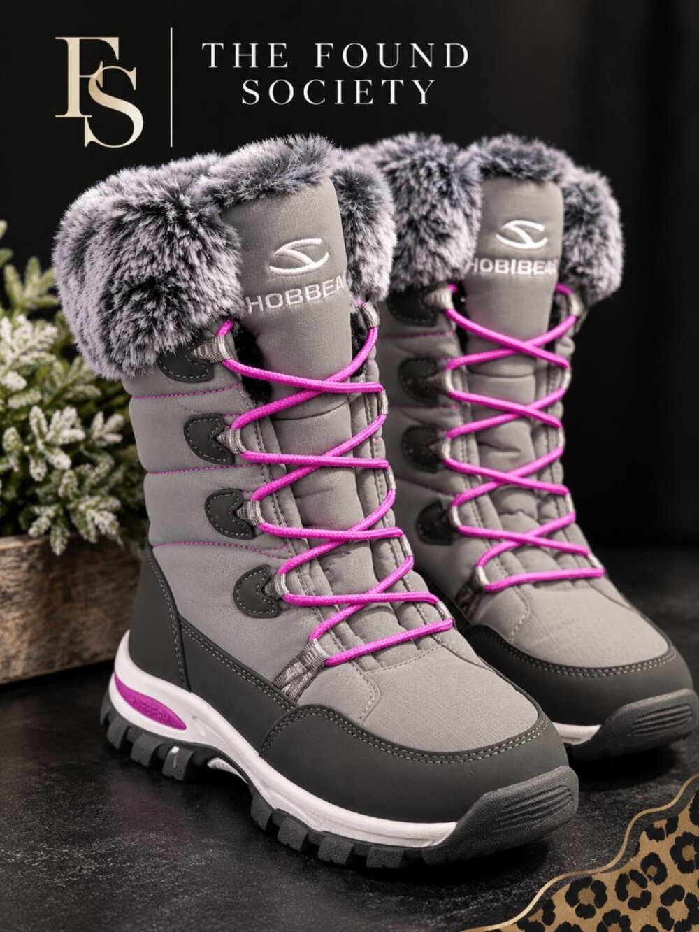HOBIBEAR Women’s Winter Snow Boots Gray Pink Faux Fur Size 9 NWOT